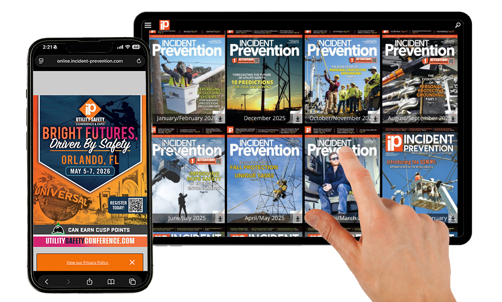 Incident Prevention magazine digital app interface showing utility safety articles.